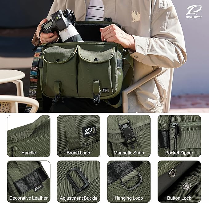 Padwa Lifestyle Green Camera Bag - Nylon Flap Camera Photography Bag with Removable Lining for Single Shoulder & Crossbody and Hand Carry,Weather Resistant Casual Camera Bag for Cameras & Drone