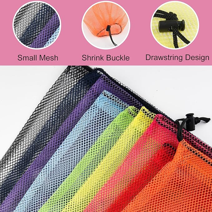 PLULON 6 Pcs Mesh Bag Drawstring Mesh Beach Bags, 18 x 12 Inch Nylon Drawstring Bag for Pool Beach Ball Toys Storage Bag for Collecting Travel Sports Gym (Multicolor)