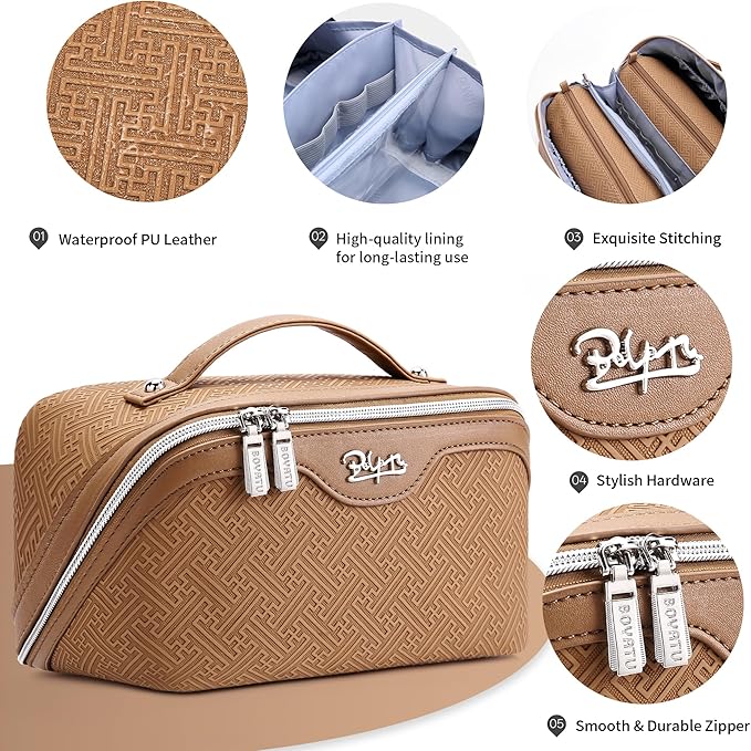 BOYATU Travel Makeup Bags for Women: Vintage Roman Column Texture Large Capacity Cosmetic Bag - Each Journey, Quiet Luxury Serenity - 3 Pcs Set Organizer Toiletry Purse 50% Extra Storage(Brown)