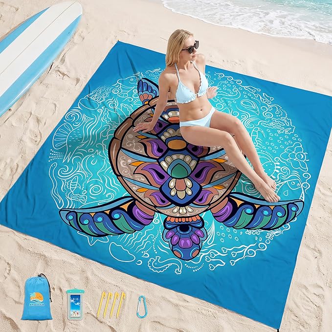 Aroveea Beach Blanket Waterproof Sandproof 1-7 Adult Oversized 78''X81''/10'X9' Lightweight Durable Compact Sand Free Beach Mat for Travel Camping Hiking Picnic Blanket
