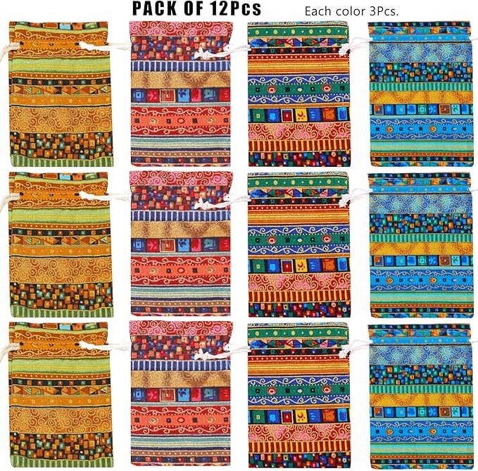 PINOWU Ethnic Style Drawstring Gift Bag 5x7 Cotton Reusable Pouches (12pcs) Jewelry Coin Storage Pouch Eco-Friendly Sachet Bags for Candy Wedding Party Valentine Favors