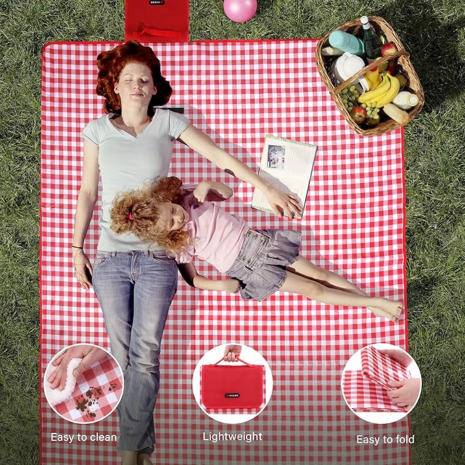 HX&OD Picnic Blanket Outdoor Extra Large Picnic Mat 80"X60" Camping Blanket Beach Blanket Foldable Waterproof Sand Mat Hiking Travel Family Concerts(Red)