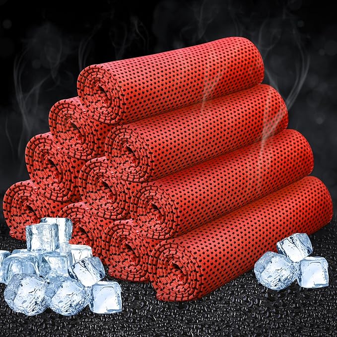 Honoson 10 Pcs Cooling Towel Bulk - Neck & Face Cool Chilly Towels Microfiber Breathable Sport Sweat Rag for Gym, Yoga, Travel, Camping, Running, Outdoor (Red)