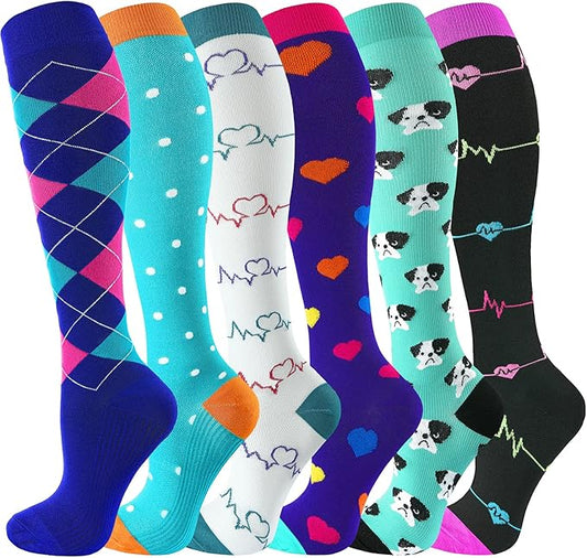 bropite Flora Compression Socks for Women & Men-Knee high 6 Pairs 20-30mmhg Support Running Nurse Travel