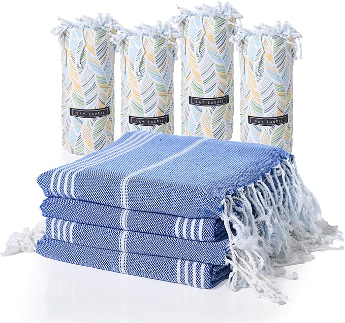 BAY LAUREL 4-Pack Oversized Turkish Beach Towels – Quick Dry, Sand Free Towels with Travel Bags, 39"x71", Lightweight (Pack of 4 - Dark Blue with Yellow Floral)