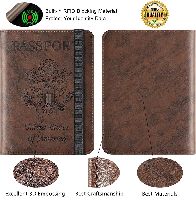 Airtag Passport Holder for Travel Essentials Wallet Rfid Blocking Cover Leather Case Vacation Travel Accessories for Women Men (601#Coffee)
