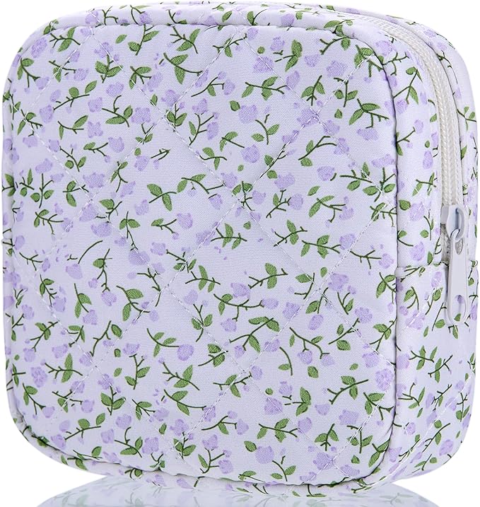 Period Bag for Girls, Quilted Period Pouch for Women, Floral Sanitary Napkin Storage Bag Menstrual Pad Pouches Tampon Holder for Purse Pad Bag Gifts for Teen Girls(Purple)