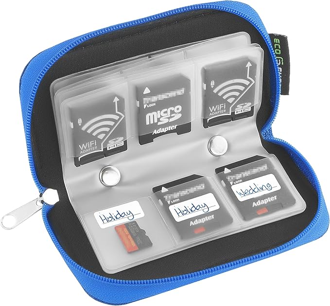 Eco-Fused Memory Card Case - Fits up to 22x SD, SDHC, Micro SD, Mini SD and 4X CF - Holder with 22 Slots (Blue / 22 Slots - 1 Pack)