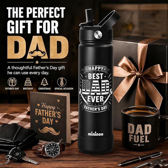 Father’s Day Gift, 24oz Insulated Stainless Steel Water Bottle with Straw Lid, Gifts for Father, Husband, Grandpa from Daughter Son