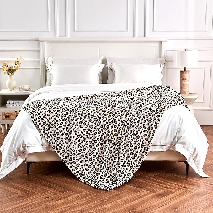 Edenleaf Leopard Print Blanket Fleece Throw for Bed Sofa Travel and Camping, Super Soft Cozy Fluffy Plush Cheetah Print Blanket for All Seasons 50"x60" (Cream)