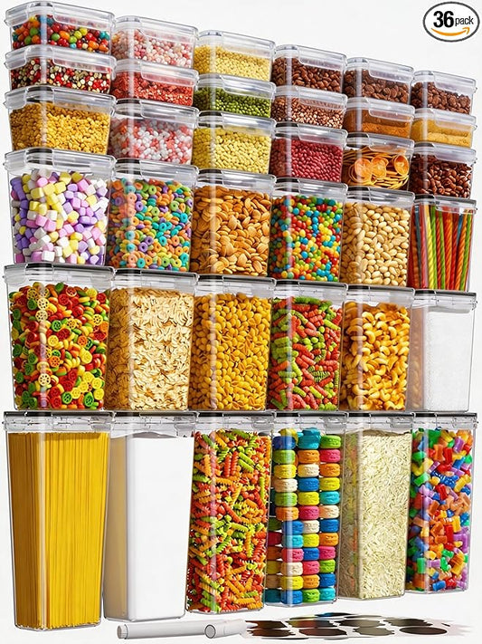 KEMETHY 36 PCS Airtight Food Storage Containers with Lids, Kitchen Pantry Organization and Storage, BPA-Free Plastic Scale Food Canisters for Cereal, Flour, Sugar, Dry Food, Include Labels & Marker