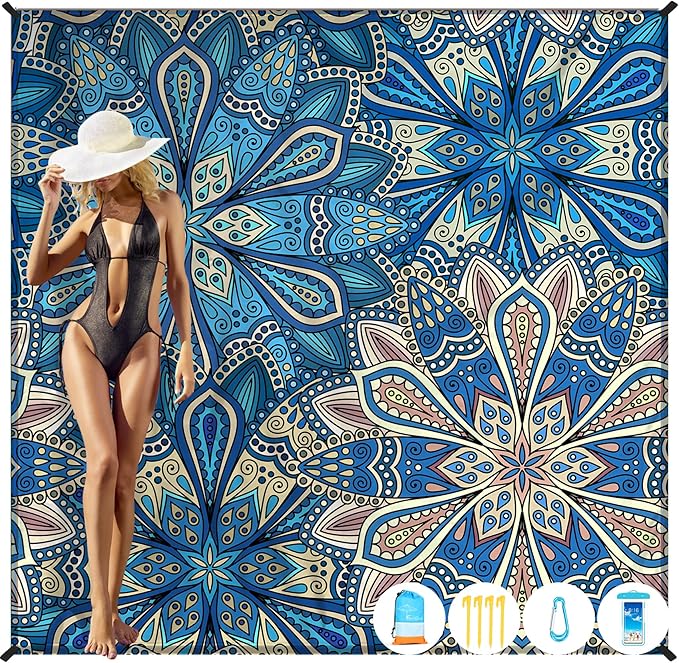 Famstar Beach Blanket Oversized Extra Large 78"X81"/10'X9',Waterproof Sandproof Beach Blanket 2-8 Adults Lightweight Durable for Travel Camping Hiking Picnic