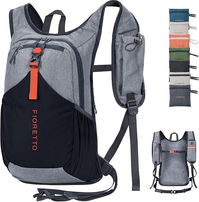 FIORETTO 20L Hiking Backpack for Women Men Mini Packable Backpack Lightweight Small Daypack for Camping Travel Outdoor, Grey and Black