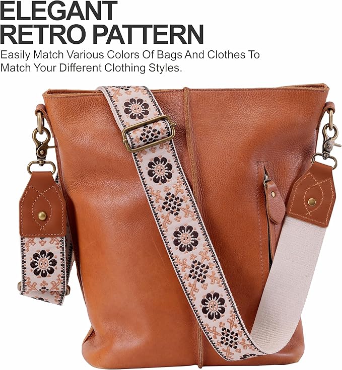 Nefelibata Purse Strap-2"Crazy Horse Leather Bag Strap Adjustable Replacement,Retro Jacquard Embroidery Crossbody Straps