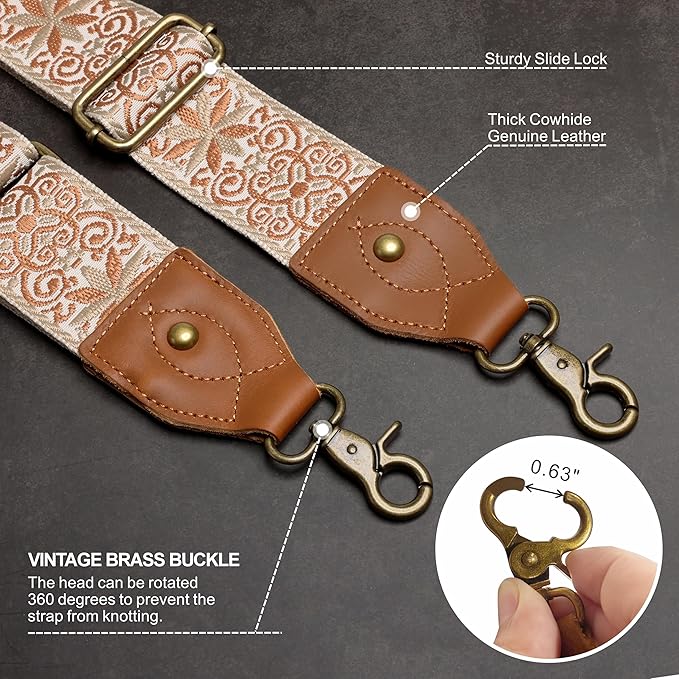 Nefelibata Purse Strap-2"Crazy Horse Leather Bag Strap Adjustable Replacement,Retro Jacquard Embroidery Crossbody Straps