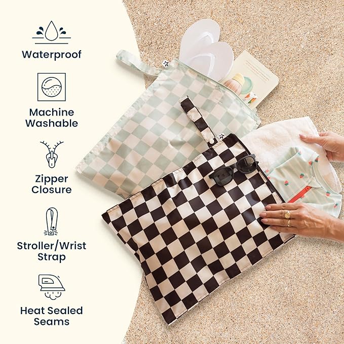 Tiny Twinkle Mess Proof Wet Bags | 2-Pack Reusable Waterproof Wet Bags for Swimsuits | Baby Clothes | Travel & Diaper Bag (Strawberries,Raspberry Gingham)