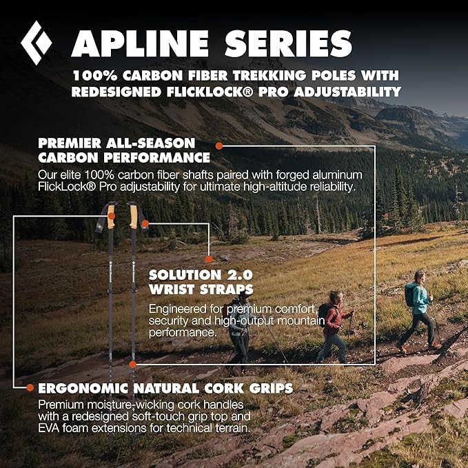 BLACK DIAMOND Alpine Carbon Cork Trekking Poles (Pair) | Ultralight Carbon Fiber | Natural Cork Grips | FlickLock Adjustability for Hiking & Mountaineering | Tundra