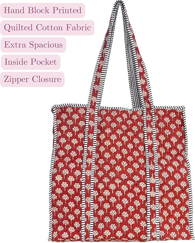ATOSII Women Handblock Print Quilted 100% Cotton Floral Large Shoulder Tote Bag with Pocket, Zipper for Work, Beach & Travel