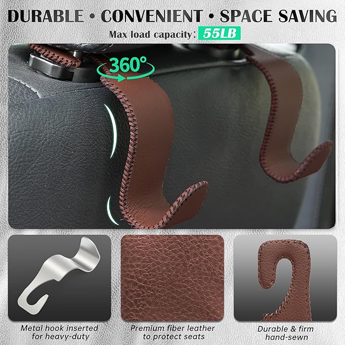 Amooca Car Seat Headrest Hook Universal Vehicle Storage Hanger Leather with Metal Car Seat Back Organizer for Handbag Purse Coat Brown 4 Pack