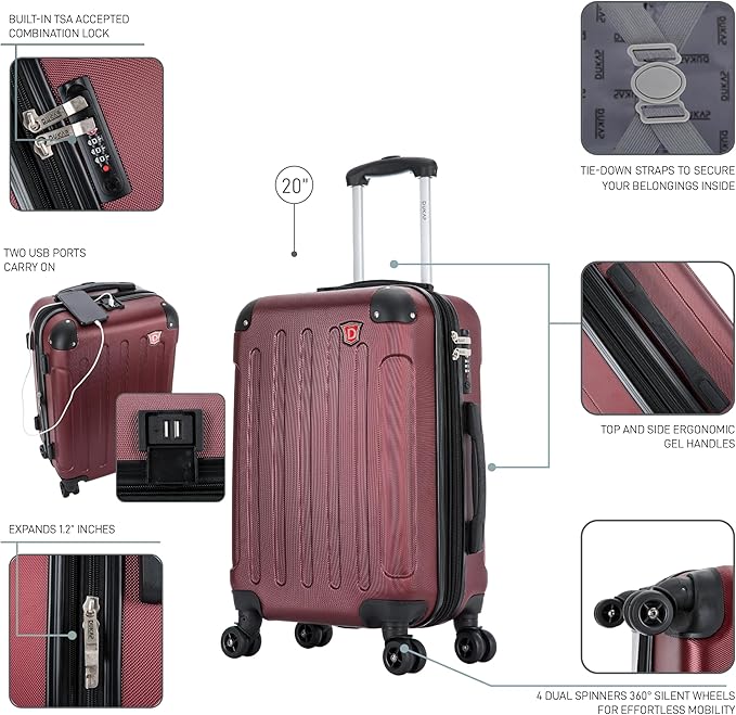 DUKAP INTELY Luggage with Integrated USB Port and Spinner Wheel | Spacious Travel Suitcase with TSA Lock and Ergonomic GEL Handle | 20 Inch Hardside Carry-On Luggage | Wine Red