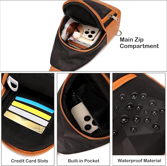 AO ALI VICTORY Fanny Packs for Women Small Crossbody Bags Sling Purses Anti Theft Cross Body Shoulder Bag for Travel Work Waterproof Nylon Chest Bag with Leather Gifts for Mom（Brown- Geometric Black）