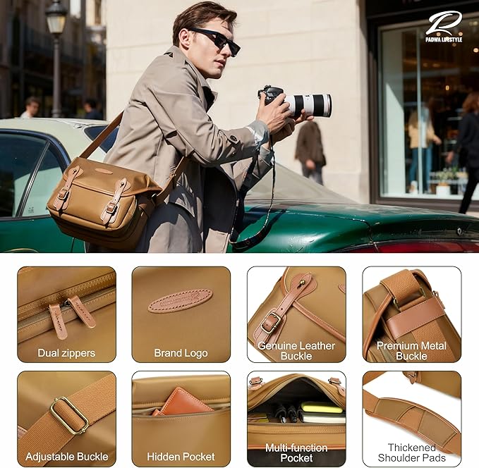Padwa Lifestyle Khaki Sling Camera Bag - Waterproof Nylon Crossbody Photography Bags with Thick Shell,Fleece Compartments & Wide Padded Strap,Safety Protection for Photographers Camera,Lens & Drone