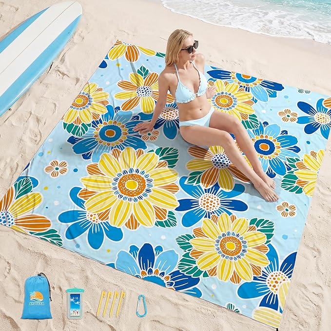 Aroveea Beach Blanket Waterproof Sandproof 1-7 Adult Oversized 78''X81''/10'X9' Lightweight Durable Compact Sand Free Beach Mat for Travel Camping Hiking Picnic Blanket