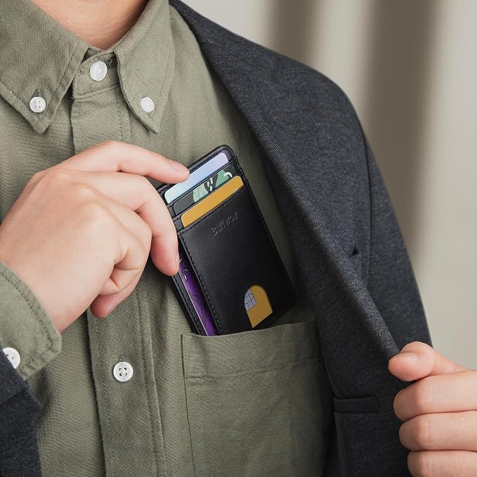 Buffway Slim Minimalist Front Pocket RFID Blocking Leather Wallets for Men and Women - Slate Black | Slim
