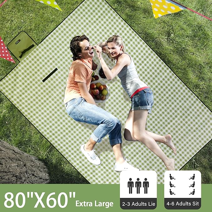 HX&OD Picnic Blanket Outdoor Extra Large Picnic Mat 80"X60" Camping Blanket Beach Blanket Foldable Waterproof Sand Mat Hiking Travel Family Concerts(Green)