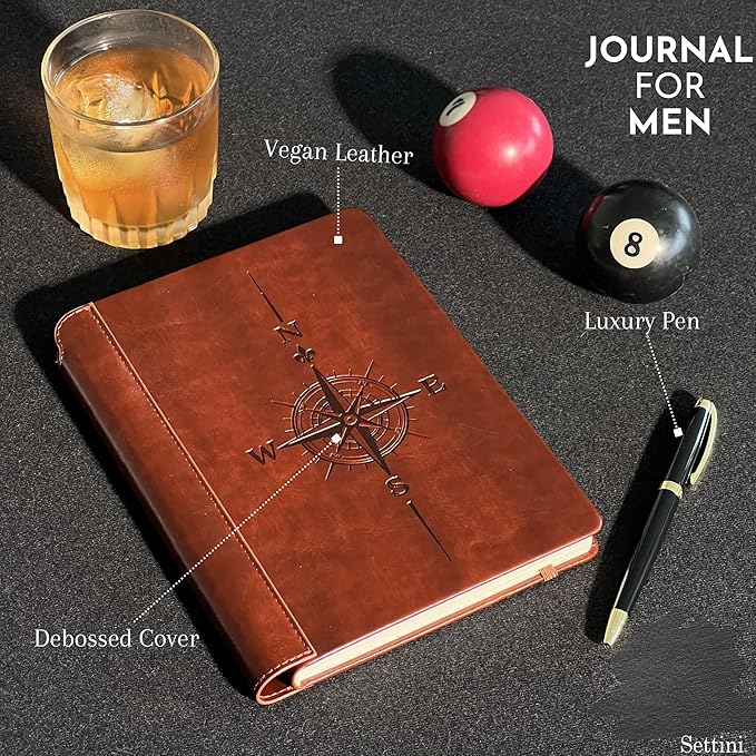 SETTINI® Lined Journal - Compass Journal for Writing Gift Set - Hardcover Vegan Leather, Includes Luxury Pen in a Unique Pen Holder, 192 Pages, A5, Fathers Day Gift, Journal for Men & Women