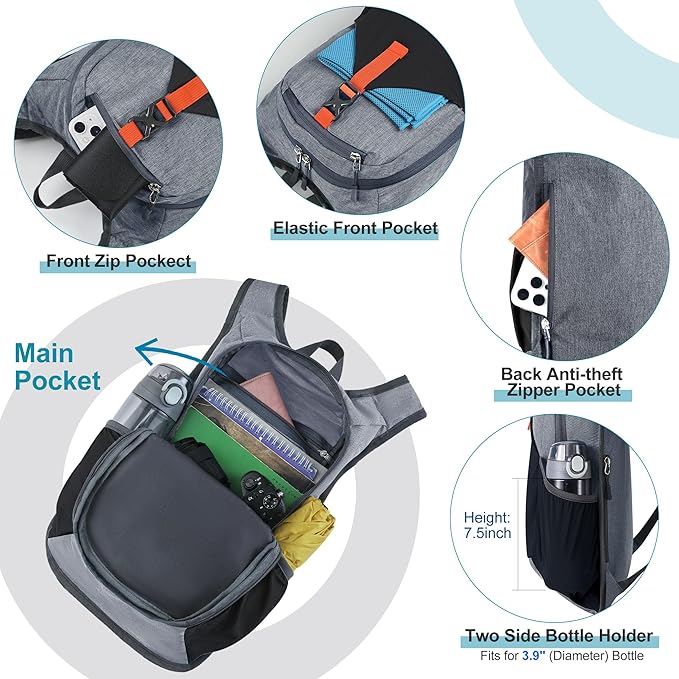 FIORETTO 20L Hiking Backpack for Women Men Mini Packable Backpack Lightweight Small Daypack for Camping Travel Outdoor, Grey and Black
