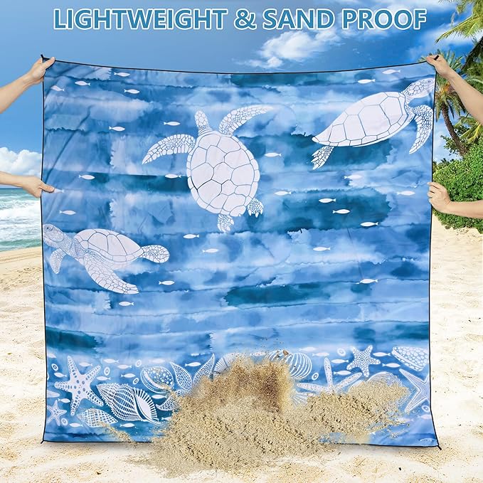 HIHOHO Beach Blanket Waterproof Sandproof Beach Mat 79”x 83” for 1-8 Adults Quick Drying Durable Outdoor Picnic Mat for Beach Festival Travel Camping Hiking (Ink Turtle-BL, 79"×83"(4 Person))