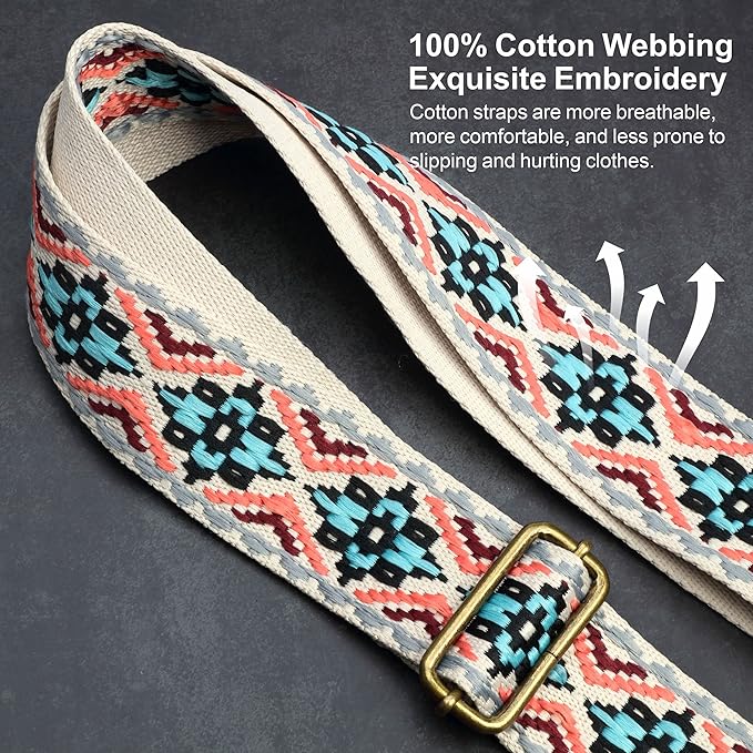 Nefelibata Purse Strap-2"Crazy Horse Leather Bag Strap Adjustable Replacement,Retro Jacquard Embroidery Crossbody Straps