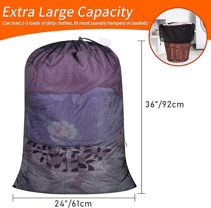 Polecasa Heavy Duty Diamond Mesh Laundry Bags 24x36"- Machine Washable Large Commercial Grade Laundry Bag with Drawstring & ID Tag for College Dorms, Travel, Sports Equipment – Black