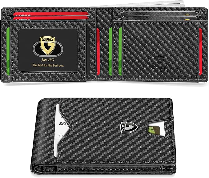 GSOIAX Slim Wallet for Men Rfid Blocking Leather Bifold Front Pocket Carbon Fiber Men's Money Clips Credit Card Holder With Gift Box