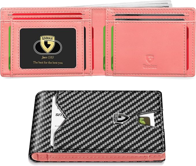 GSOIAX Slim Wallet for Men Rfid Blocking Leather Bifold Front Pocket Carbon Fiber Men's Money Clips Credit Card Holder With Gift Box
