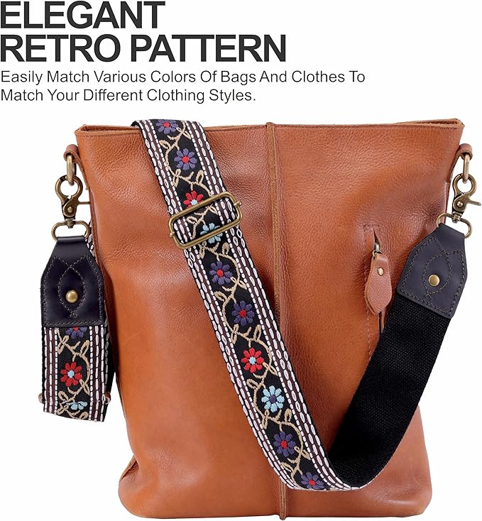 Nefelibata Purse Strap-2"Crazy Horse Leather Bag Strap Adjustable Replacement,Retro Jacquard Embroidery Crossbody Straps