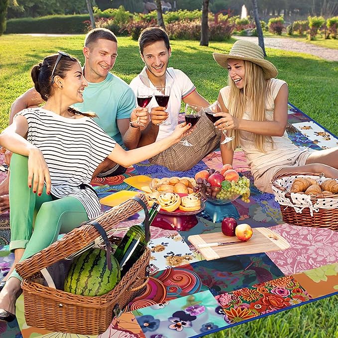 Supfitness Extra Large Picnic Blankets Waterproof Foldable (60"x 80") Beach Blanket Waterproof Sandproof,3-Layer Thicking Mat Outdoor Packable Camping Blanket