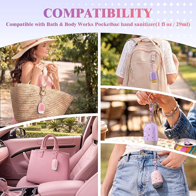 Meonum 2 Pack Cute & Stylish Hand Sanitizer Holders, Compatible with Bath & Body Works PocketBac, Pink & Purple Hollow Heart Design, Easy Clip-On Keychain for Bags, Snug Fit Won't Fall Off