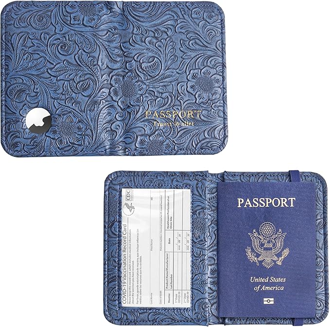 lizimandu Passport Holder with Airtag Slot, Airtag Passport Wallet for Men Women, Slim Leather Passport Holder Case Family for Travel Anti-Lost(1-Carved Blue2)