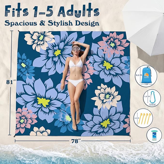 Aroveea Beach Blanket Waterproof Sandproof 1-7 Adult Oversized 78''X81''/10'X9' Lightweight Durable Compact Sand Free Beach Mat for Travel Camping Hiking Picnic Blanket