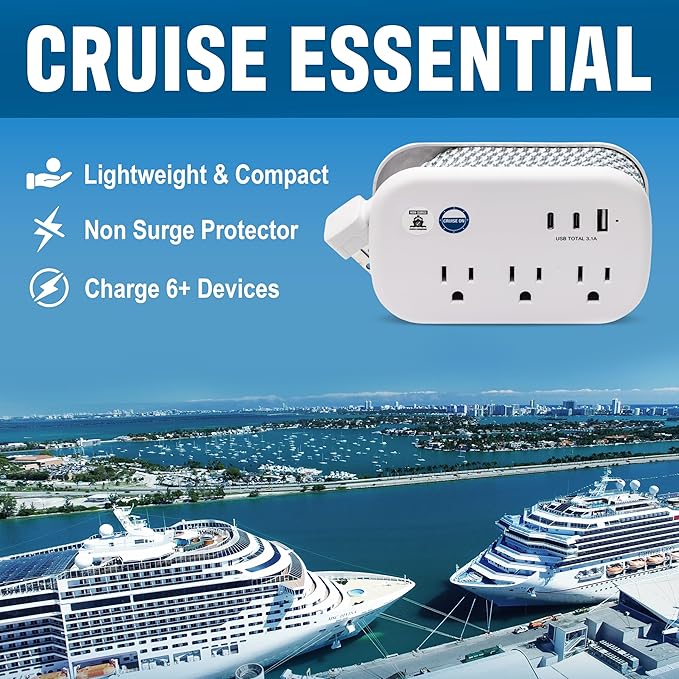 Cruise Approved Power Strip Non Surge Protector - 3.3 ft Wrapped Travel Extension Cord, 2 USB-C, 1 USB, 3 AC Outlet, Cruise Ship Essentials for Carnival, Princess & Major Lines in 2026 & 2027