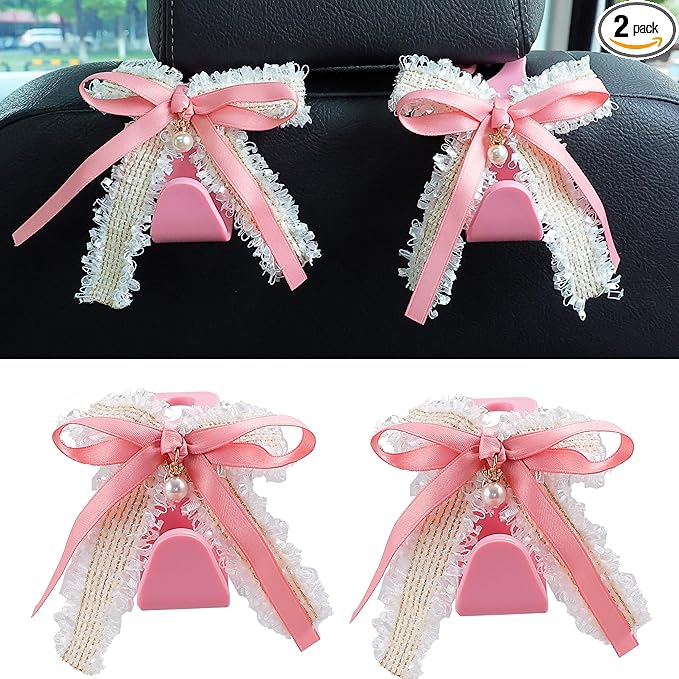 Amooca Car Seat Headrest Hook Cute Bowknot Vehicle Hanger Car Storage Organizer for Handbag Purse Coat Grocery Bag Pink White