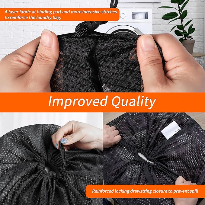 Polecasa Heavy Duty Diamond Mesh Laundry Bags 24x36"- Machine Washable Large Commercial Grade Laundry Bag with Drawstring & ID Tag for College Dorms, Travel, Sports Equipment – Black