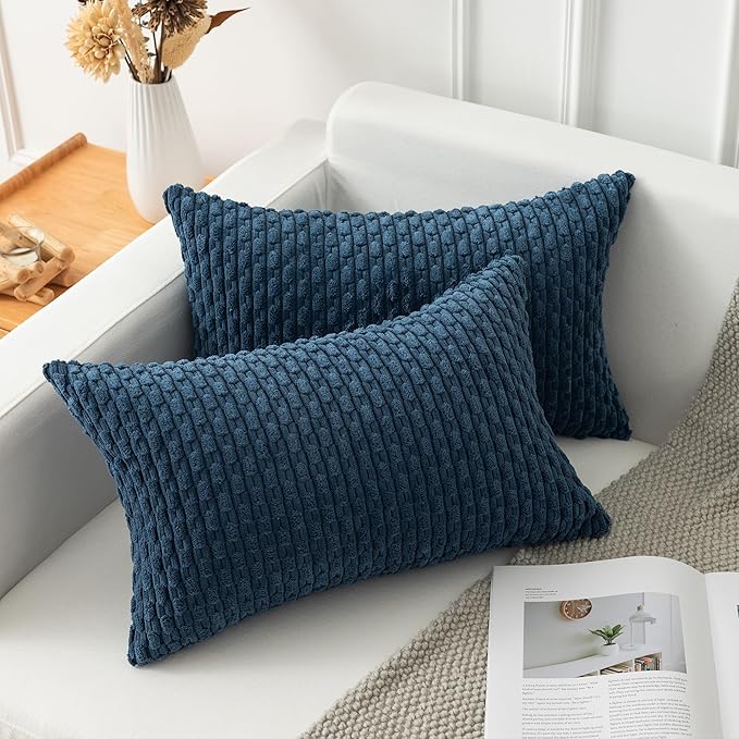 Kevin Textile 14x22 Inch Pillow Cover 1 Pack Boho Decorative Soft Striped Corduroy Lumbar Farmhouse Solid Color Accent Rectangle Cushion Case for Living Room Couch Sofa Bed, Blue