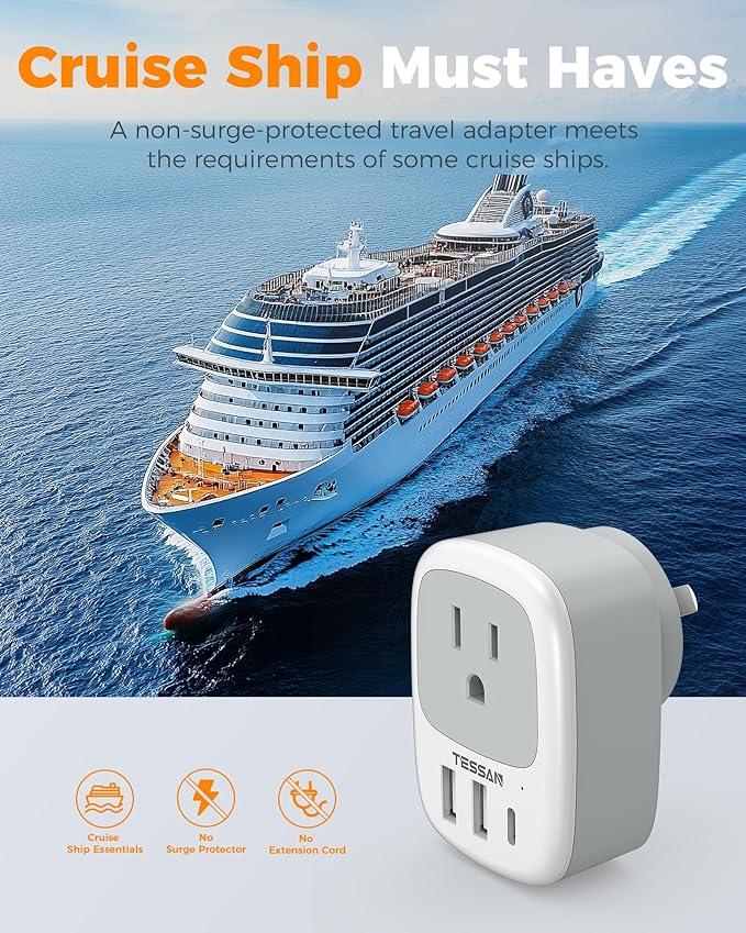 Australia New Zealand Power Adapter 3 Pack, TESSAN Type I Travel Adaptor with 3 USB Charger (1 USB C Port) for US to Australian Argentina China Fiji Cook Islands