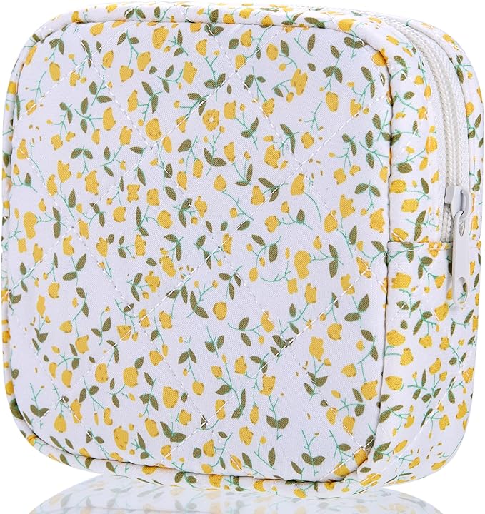 Period Bag for Girls, Quilted Period Pouch for Women, Floral Sanitary Napkin Storage Bag Menstrual Pad Pouches Tampon Holder for Purse Pad Bag Gifts for Teen Girls(Yellow)