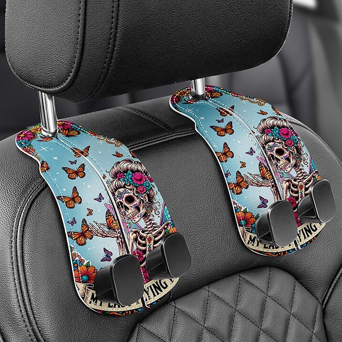 WOCOCN Purse Holder for Car, 2 Pack Heavy Duty Purse Hanger for Car, PU Leather Car Seat Hooks for Purses and Bags, Cute Skeleton Headrest Organizer for Handbags & Backpacks