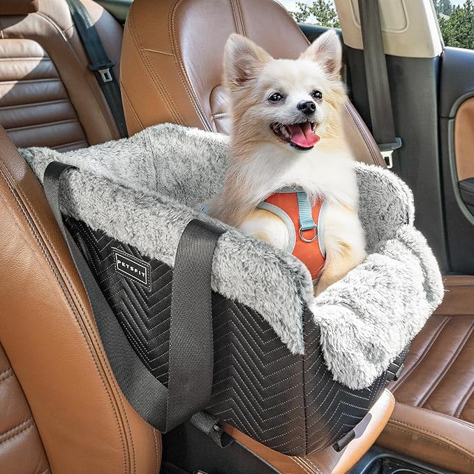 PETSFIT Center Console Dog Car Seat, Portable Pet Car Seat with Safe Protective Hooks, Luxury Dog Car Seats for Small Dogs Includes Safety Leash and Storage Pocket for Pets Up to 9 lbs (Black)