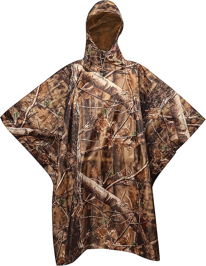 AUSCAMOTEK Camouflage Rain Poncho Hooded Waterproof Camo Raincoat with Blind Pattern for Hunting Hiking Camping Fishing